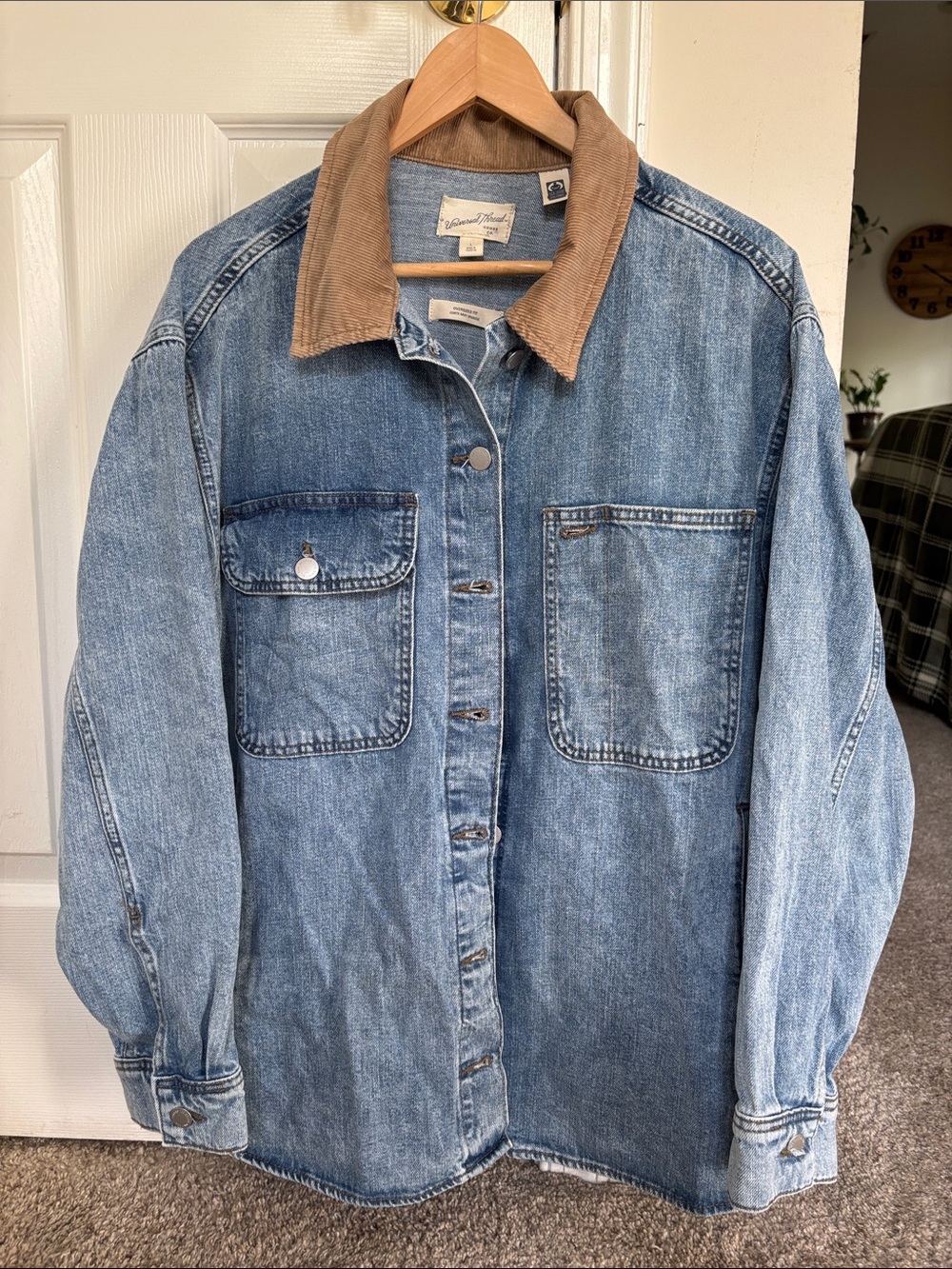 Universal Thread Light Blue Denim shacket with Brown Corduroy Collar
